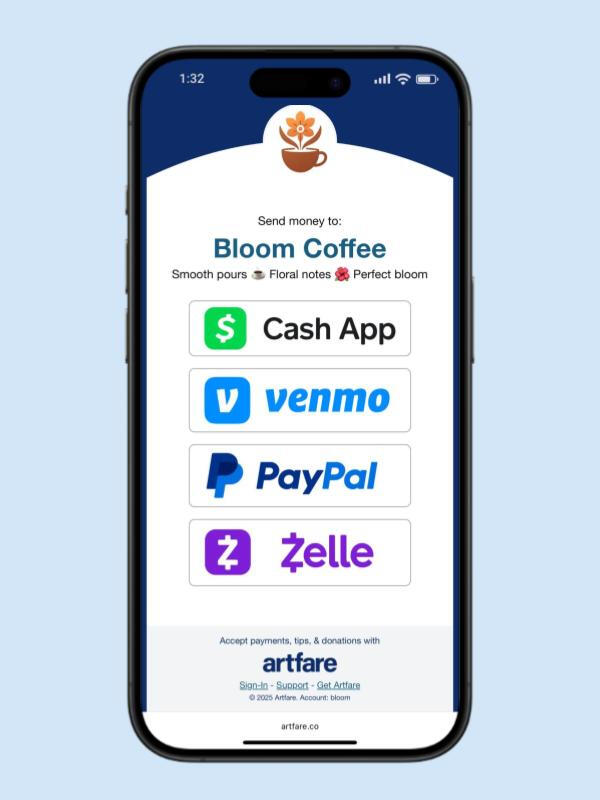 Artfare Customer Scan Select payment method to pay, tip, donate
